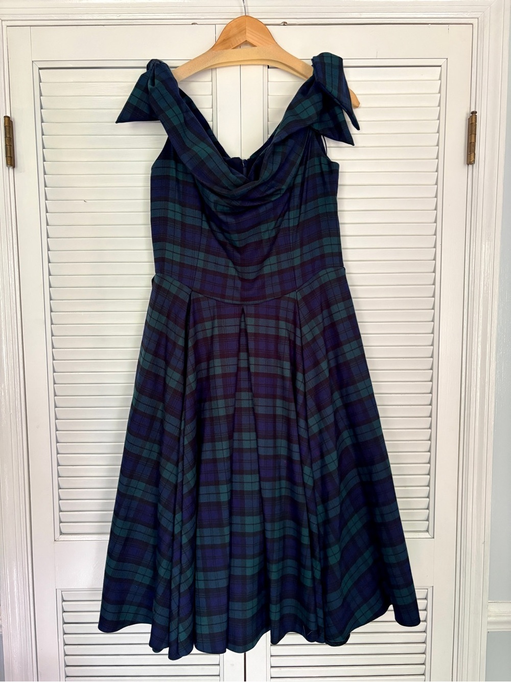 Green and Navy Plaid Midi Fit-and-Flare Dress with Bow Shoulder Straps